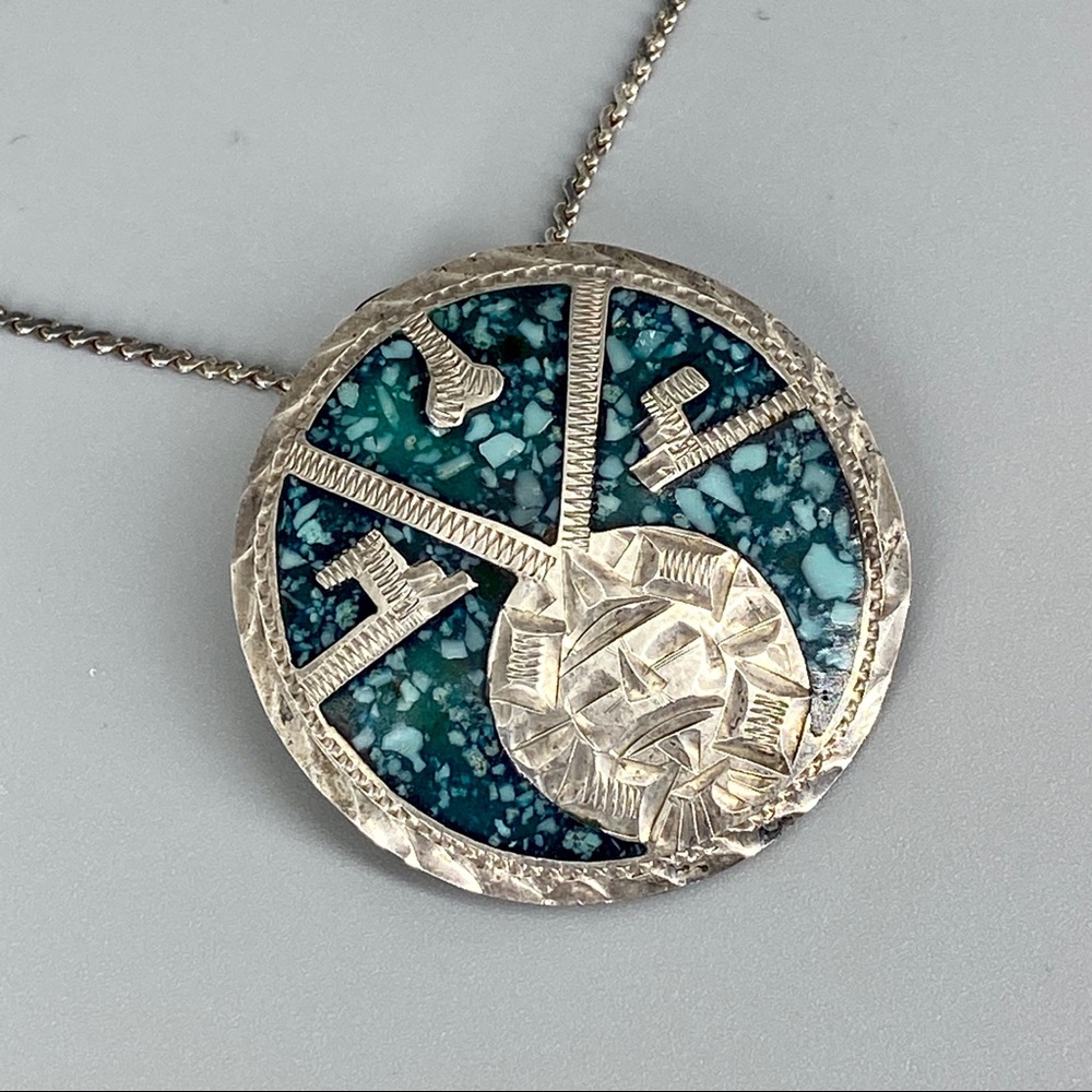 Vintage Aztec Sterling Turquoise Inlay Pendant Pin